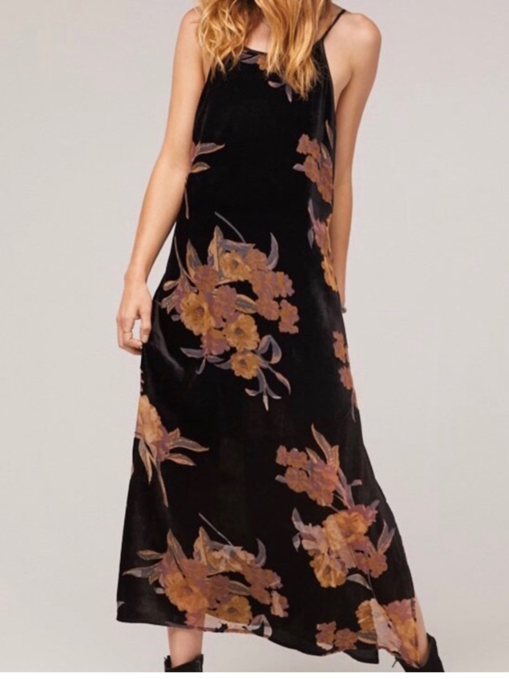 Band of Gypsies Black Velvet burn out  Floral Slip Dress with Rust Blooms